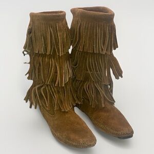 Minnetonka 1638 3-Layer Fringe Boots Suede Moccasins - Brown US Womens Size 8